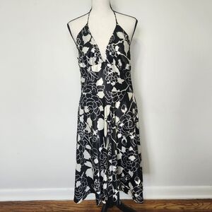 Alyn Paige Vintage Y2K Black White Satin Halter Floral Midi Dress Whimsigoth 10